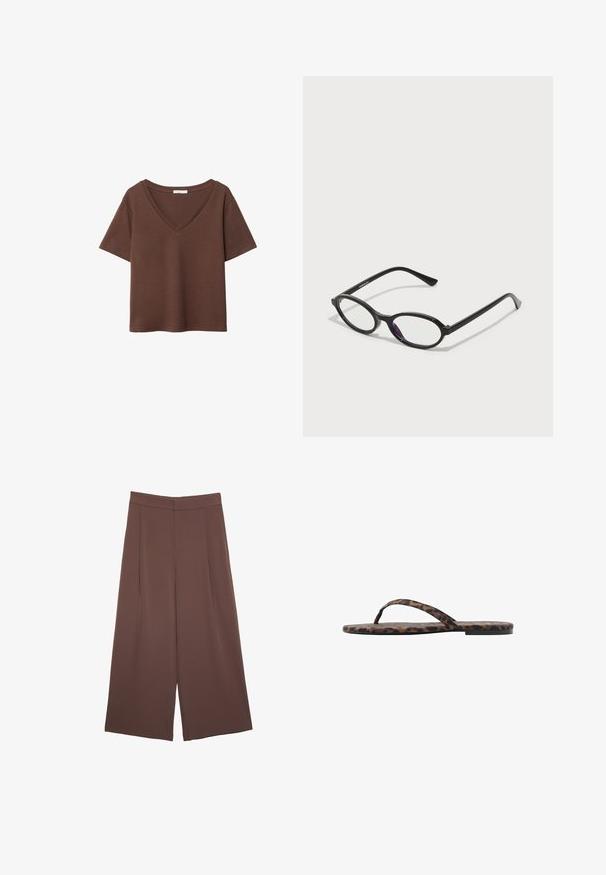 Brązowy bawełniany t-shirt z krótkimi rękawami i głębokim dekoltem w kształcie litery V. Prosty design, miękka faktura i prosty krój u dołu. Brak wzorów i akcentów.; Brązowe spodnie o szerokich nogawkach z gładką fakturą, z wysokim stanem i plisami z przodu. Materiał jest lekki i luźno opada.; Sandały na płaskiej podeszwie w panterkę, z cienkimi paskami i gładką fakturą. Charakteryzują się wyraźnymi czarnymi i brązowymi wzorami na materiale.; Czarne okulary w owalnej oprawie z przezroczystymi fioletowymi akcentami na soczewkach. Oprawki mają matowe wykończenie oraz smukłe, proste zauszniki.; Brązowa skórzana torba z marszczonym szczytem i łańcuszkowym paskiem. Gładka tekstura z błyszczącym wykończeniem i subtelnymi detalami szwów po bokach.