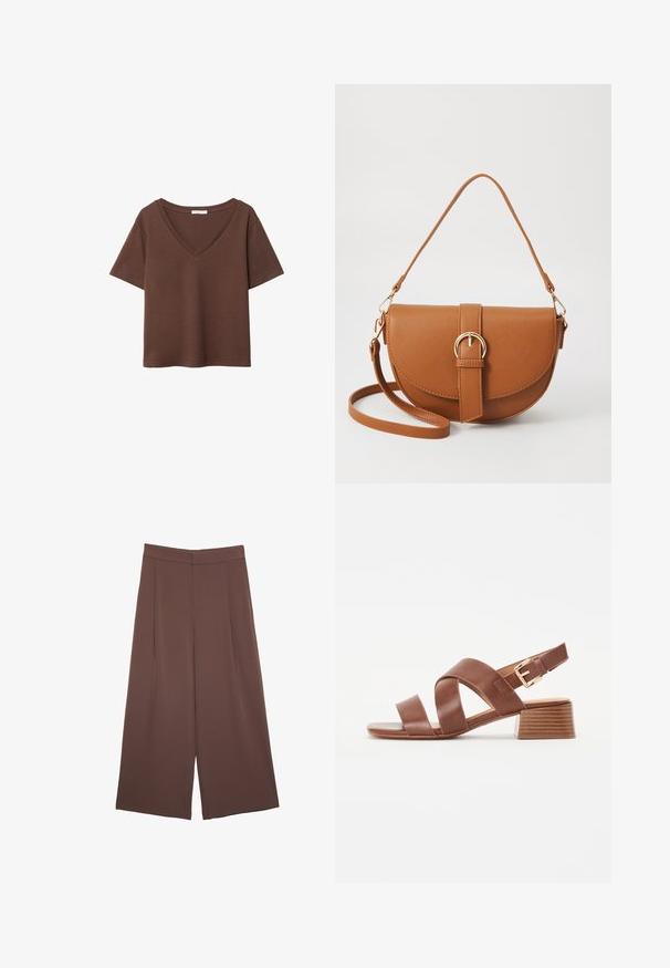 T-shirt en coton brun avec des manches courtes et un décolleté en V profond. Design simple, texture douce et ourlet droit. Pas de motifs ni d'accents.; Pantalons larges marron avec une texture lisse, dotés d'une taille haute et de plis à l'avant. Le tissu est léger et tombe de manière fluide.; Sandale en cuir brun avec un design à sangles croisées, boucle réglable à la cheville et un petit talon empilé avec une finition texturée.; Sac bandoulière en cuir marron avec une forme incurvée, quincaillerie dorée et un accent en boucle. Comprend une bandoulière détachable.