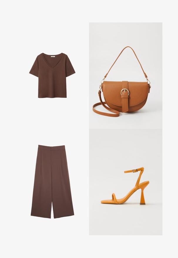 Brun bomulls t-shirt med korta ärmar och djup V-ringning. Enkel design, mjuk textur och rak fåll. Inga mönster eller dekorationer.; Bruna vida byxor med en slät textur, som har hög midja och framfickor. Tyget är lätt och flödar löst.; Oranga läder högklackade sandaler med kvadratisk tå, smal ankelrem och klack. Slät textur och elegant, minimalistisk design.; Brun läder crossbody-väska med en böjd form, gyllene detaljer och en spänneaccent. Har en avtagbar axelrem.