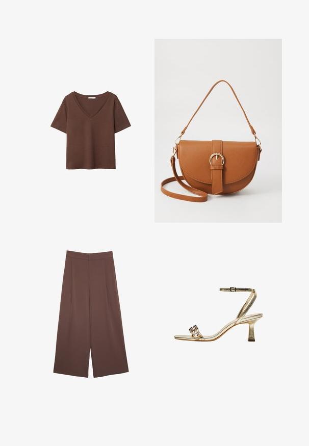 Braunes Baumwoll-T-Shirt mit kurzen Ärmeln und tiefem V-Ausschnitt. Einfaches Design, weiche Textur und gerade Saumlinie. Keine Muster oder Akzente.; Braune Weite-Leg-Hosen mit einer glatten Textur, hoher Taille und Vorderfalten. Der Stoff ist leicht und fällt locker.; Goldene metallische Sandalette mit Absatz, Knöchelriemen, zwei schmalen vorderen Bändern und Blockabsatz. Mit dekorativen Verzierungen.; Braune Leder-Crossbody-Tasche mit geschwungener Form, goldfarbenen Beschlägen und einer Schnallenakzentuierung. Verfügt über einen abnehmbaren Schultergurt.
