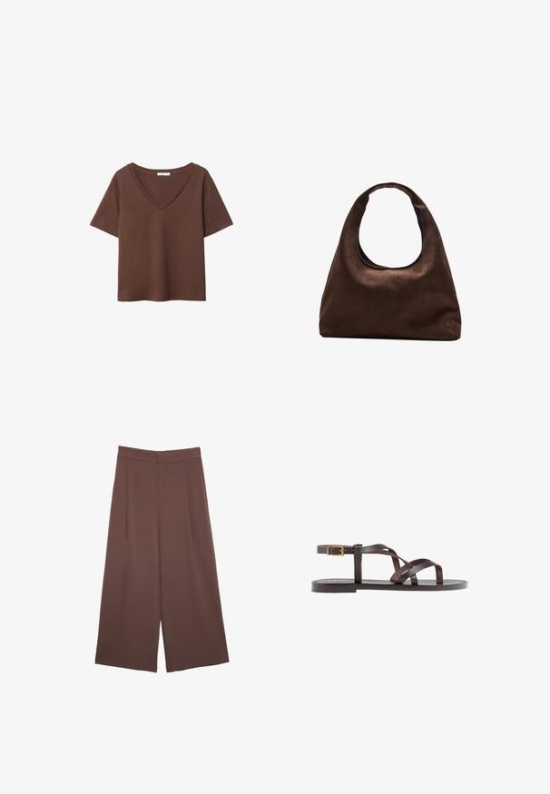 Brązowy bawełniany t-shirt z krótkimi rękawami i głębokim dekoltem w kształcie litery V. Prosty design, miękka faktura i prosty krój u dołu. Brak wzorów i akcentów.; Brązowe spodnie o szerokich nogawkach z gładką fakturą, z wysokim stanem i plisami z przodu. Materiał jest lekki i luźno opada.; Brązowe skórzane sandały z krzyżującymi się paskami, zapięciem na klamrę przy kostce oraz płaską podeszwą z minimalnymi detalami szycia.; Miękka, brązowa torebka w stylu hobo z jedną szeroką rączką i wyprofilowanym otwarciem, wyeksponowana na białym tle.
