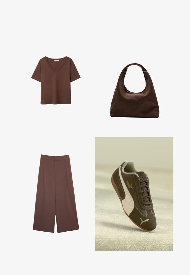 Smeđa pamučna majica kratkih rukava s dubokim V-izrezom. Jednostavan dizajn, mekana tekstura i ravni rub. Bez uzoraka ili naglasaka.; Smeđe hlače širokog kroja s glatkom teksturom, koje imaju visok struk i nabore sprijeda. Tkanina je lagana i slobodno se kreće.; Smeđi Puma tenisice s bež prugom i logotipom, vezane, odložene na teksturiranoj bež površini.; Meka mekana smeđa torba hobo stila s jednim širokim remenom i zakrivljenim otvaranjem na vrhu, prikazana na bijeloj pozadini.