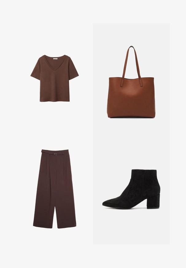 Hnedé bavlnené tričko s krátkymi rukávmi a hlbokým V-výstrihom. Jednoduchý dizajn, jemná textúra a rovný lem. Bez vzorov alebo akcentov.; Stradivarius WIDE-LEG WITH BUCKLE DETAIL - Nohavice - dark brown; Čierne semišové členkové topánky s špicatou špičkou a blokovým podpätkom. Dizajn je elegantný s bezšvovými bočnými panelmi, vytvárajúc minimalistický vzhľad.; Hnedá kožená taška na rameno s hladkou textúrou, otvoreným vrchom a dvoma ramenými popruhmi. Má minimálne šitia a žiadne viditeľné kovania.