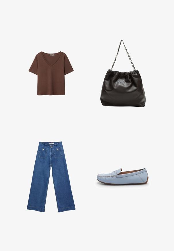 Smeđa pamučna majica kratkih rukava s dubokim V-izrezom. Jednostavan dizajn, mekana tekstura i ravni rub. Bez uzoraka ili naglasaka.; Denim široke hlače s medijskom plavom pranju, dva prednja džepa s dugmadi, i šivana dekoracija duž rubova.; Svijetloplavi kožni mokasini s ušivenim detaljima, zaobljenim vrhom i glatkom teksturom. Gumeni potplat s niskim profilom.; Smeđa kožna torba s naboranim vrhom i lančićem za nošenje. Glatka tekstura s sjajnim završetkom i suptilnim šavnim detaljima sa strane.