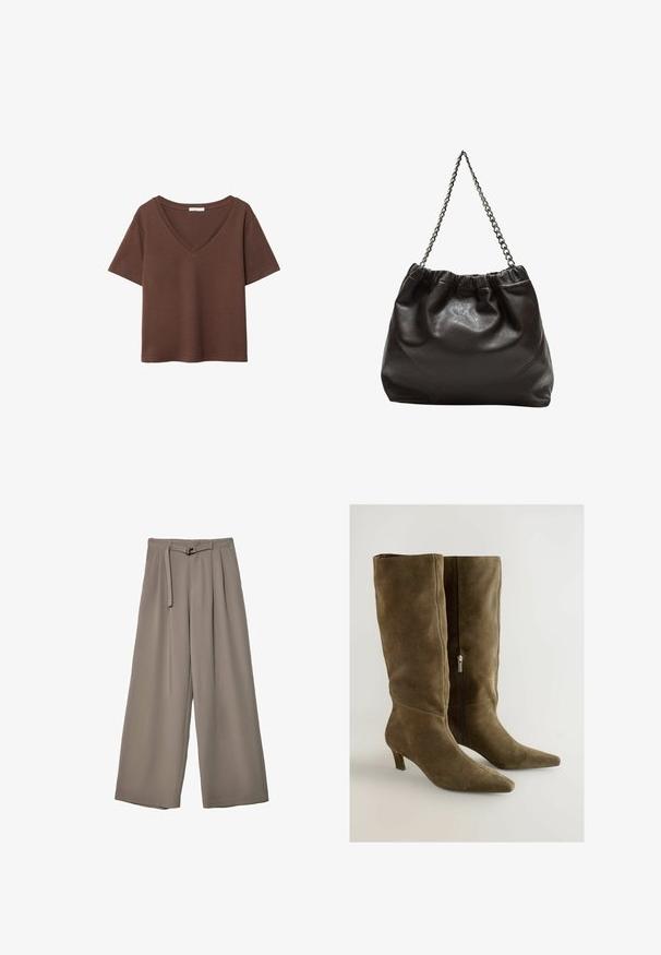 Smeđa pamučna majica kratkih rukava s dubokim V-izrezom. Jednostavan dizajn, mekana tekstura i ravni rub. Bez uzoraka ili naglasaka.; Široke hlače u mekoj, prigušenoj sivoj tkanini, s remenom na struku i plisiranim detaljima za dodatni dizajn. Glatka tekstura, bez uzoraka.; Boots od maslinaste zelene zamšene kože, do koljena, sa šiljastim vrhom i crnim patentnim zatvaračem sa strane. Imaju umjereni potplat i glatku teksturu.; Smeđa kožna torba s naboranim vrhom i lančićem za nošenje. Glatka tekstura s sjajnim završetkom i suptilnim šavnim detaljima sa strane.