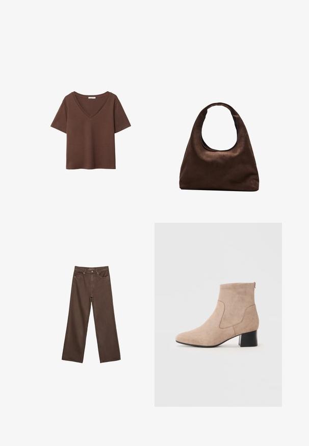 Braunes Baumwoll-T-Shirt mit kurzen Ärmeln und tiefem V-Ausschnitt. Einfaches Design, weiche Textur und gerade Saumlinie. Keine Muster oder Akzente.; Weite braune Jeans aus Denim, mit hoher Taille, Fronttaschen und klassischem Knopfverschluss. Glatte Textur mit feinen Nähten.; Beige Wildlederschuhe mit Knöchelhöhe, die eine abgerundete Zehenpartie, elastische Seitenpaneele und einen Blockabsatz mit einer glatten schwarzen Oberfläche aufweisen.; Weiche braune Hobo-Stil Handtasche mit einem einzigen breiten Trageriemen und einer geschwungenen Oberteilöffnung, auf einem weißen Hintergrund präsentiert.