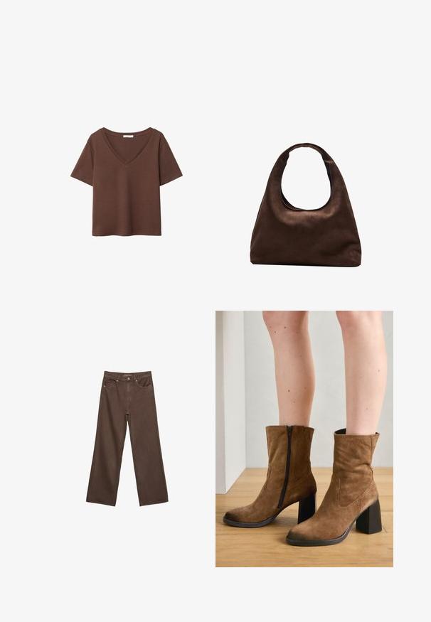 Brun bomulds t-shirt med korte ærmer og dyb V-hals. Enkel design, blød tekstur og lige kant. Ingen mønstre eller detaljer.; Bredde ben brun denim jeans med høj talje, forlommer og klassisk knaplukning. Glat tekstur med diskret syninger.; Brune ruskind ankelstøvler med lynlås lukning, firkantede hæle og en glat overflade, med enkel syning langs siderne.; Blød brun hobo-stil håndtaske med en enkelt bred strop og en buet åbning på toppen, vist på en hvid baggrund.