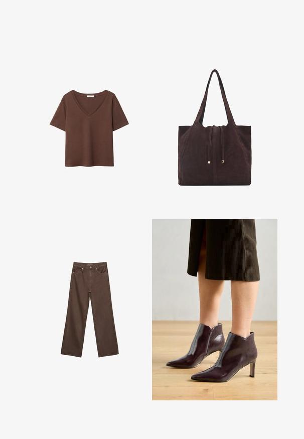 Braunes Baumwoll-T-Shirt mit kurzen Ärmeln und tiefem V-Ausschnitt. Einfaches Design, weiche Textur und gerade Saumlinie. Keine Muster oder Akzente.; Weite braune Jeans aus Denim, mit hoher Taille, Fronttaschen und klassischem Knopfverschluss. Glatte Textur mit feinen Nähten.; Burgunderfarbene Leder-Stiefeletten mit spitzem Zeh und schmalem Absatz. Mit seitlichem Reißverschluss und glatter, glänzender Textur.; Mango Shopping Bag - dark brown