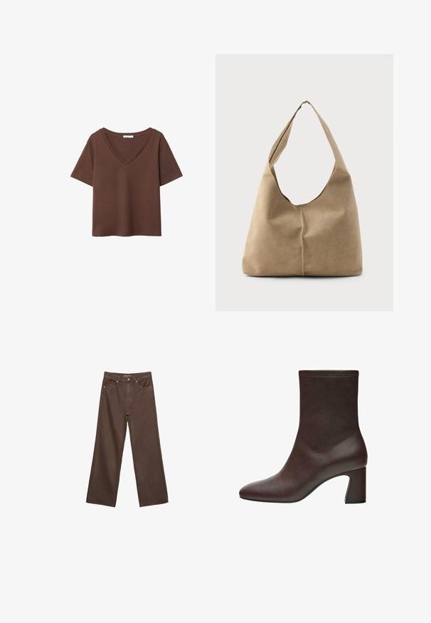 Rjava bombažna majica s kratkimi rokavi in globokim V-izrezom. Preprost dizajn, mehak material in raven rob. Brez vzorcev ali dekorativnih elementov.; Široke rjave kavbojke iz denima, ki imajo visok pas, sprednje žepe in klasično zapiranje na gumb. Gladka tekstura s subtilnim šivom.; Rjavi usnjeni gležnarji s prileganjem, koničastim nosom in masivnim visokim petkom. Gladka tekstura in subtilni šivi na vrhu.; Hobo torba iz mehkega bež nubuka z ohlapno obliko, širokim ramenskim trakom in ročno šivanim šivom po sprednji strani.