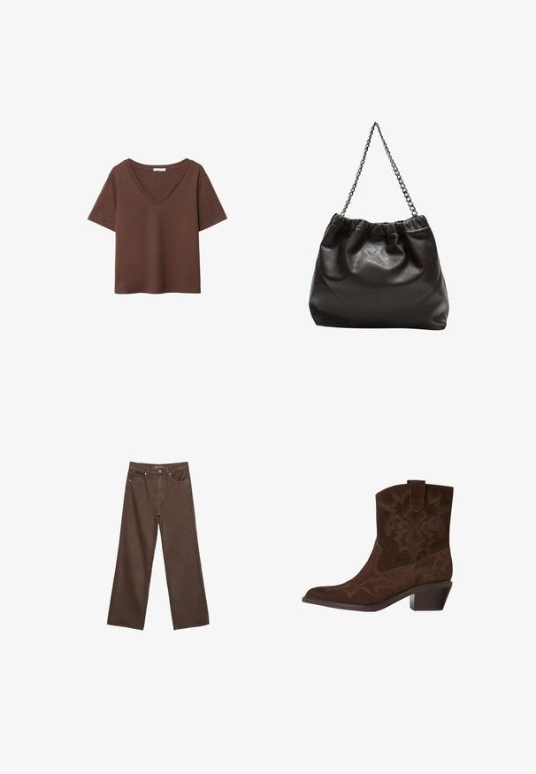 Rjava bombažna majica s kratkimi rokavi in globokim V-izrezom. Preprost dizajn, mehak material in raven rob. Brez vzorcev ali dekorativnih elementov.; Široke rjave kavbojke iz denima, ki imajo visok pas, sprednje žepe in klasično zapiranje na gumb. Gladka tekstura s subtilnim šivom.; Rjavi semiš škornji v kavbojski obliki s koničastim nosom, okrasnimi šivi, višino do gležnja in zloženo peto. Imajo zanko za enostavno obuvanje.; Rjava usnjena torba z nabranim vrhom in verižnim trakom. Gladka tekstura z sijajno površino in subtilnimi šivi na straneh.