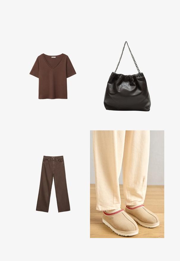 Brun bomulds t-shirt med korte ærmer og dyb V-hals. Enkel design, blød tekstur og lige kant. Ingen mønstre eller detaljer.; Bredde ben brun denim jeans med høj talje, forlommer og klassisk knaplukning. Glat tekstur med diskret syninger.; Tan suede klipklapper med rød dekorativ trim og hvid gummisål, parret med lyse beige bukser, placeret på et trægulv.; Brun lædertaske med en rynket top og en kædestrop. Glat tekstur med en blank finish og subtile sømdetaljer på siderne.