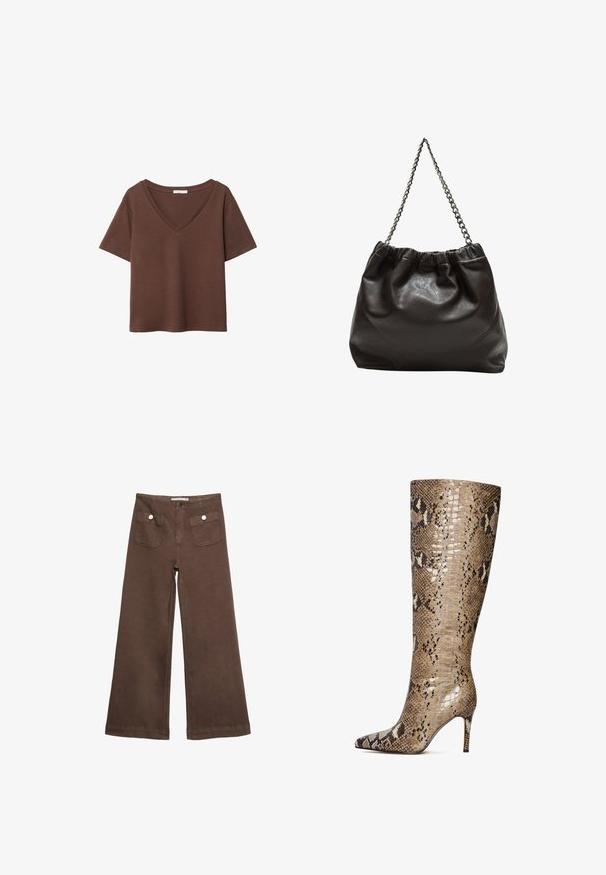 Smeđa pamučna majica kratkih rukava s dubokim V-izrezom. Jednostavan dizajn, mekana tekstura i ravni rub. Bez uzoraka ili naglasaka.; Smeđe široke hlače od pamuka, s dva prednja džepa sa srebrnim dugmadima i glatkom teksturom.; Boots do koljena s visokom petom, izrađene od sjajne kože s uzorkom zmije u bež, smeđoj i krem bojama, s oštrom vrhom i petom visokom 7,5 cm.; Smeđa kožna torba s naboranim vrhom i lančićem za nošenje. Glatka tekstura s sjajnim završetkom i suptilnim šavnim detaljima sa strane.