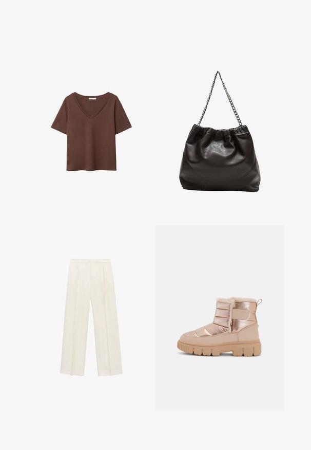 Brązowy bawełniany t-shirt z krótkimi rękawami i głębokim dekoltem w kształcie litery V. Prosty design, miękka faktura i prosty krój u dołu. Brak wzorów i akcentów.; Spodnie o szerokich nogawkach w jasnym kolorze kremowym. Wykonane z gładkiego materiału, z plisami z przodu i bocznymi kieszeniami.; Metaliczne różowo-złote botki za kostkę o pikowanej fakturze, z miękką wyściółką i masywną beżową gumową podeszwą. Zawierają boczny zamek błyskawiczny i uchwyt z tyłu.; Brązowa skórzana torba z marszczonym szczytem i łańcuszkowym paskiem. Gładka tekstura z błyszczącym wykończeniem i subtelnymi detalami szwów po bokach.