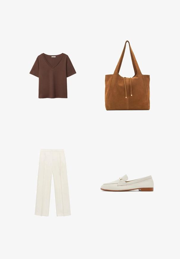 Braunes Baumwoll-T-Shirt mit kurzen Ärmeln und tiefem V-Ausschnitt. Einfaches Design, weiche Textur und gerade Saumlinie. Keine Muster oder Akzente.; Weit geschnittene Hosen in einem hellen cremefarbenen Farbton. Hergestellt aus einem glatten Stoff mit Falten an der Vorderseite und seitlichen Taschen.; Cremfarbene Lederloafer mit einer flachen, braunen Sohle. Besitzen eine Vorderklappe und einen kleinen goldenen Akzent an der Seite. Glatte Textur, minimalistisches Design.; Braune Wildleder-Tasche mit zwei langen Trägern, Zugverschluss und minimalistischem Design. Glatte Textur und keine sichtbaren Hardware-Details.