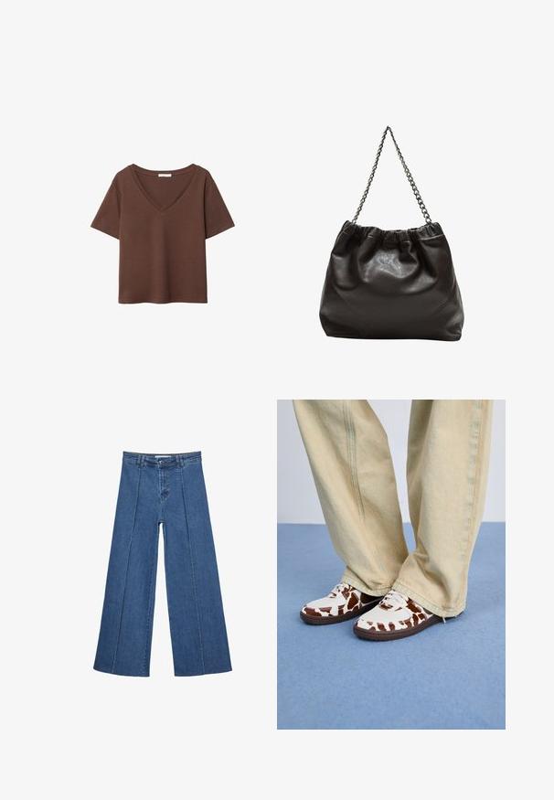 Smeđa pamučna majica kratkih rukava s dubokim V-izrezom. Jednostavan dizajn, mekana tekstura i ravni rub. Bez uzoraka ili naglasaka.; Široke traperice u srednje plavoj boji, s visokim strukom, zatvaranjem na dugme i kontrastnim vertikalnim šavovima duž prednje strane.; Bijele i smeđe patike s uzorkom, izrađene od mreže i kože, s smešnim gumenim đonovima. Uparene s lakim bež širokim hlačama.; Smeđa kožna torba s naboranim vrhom i lančićem za nošenje. Glatka tekstura s sjajnim završetkom i suptilnim šavnim detaljima sa strane.