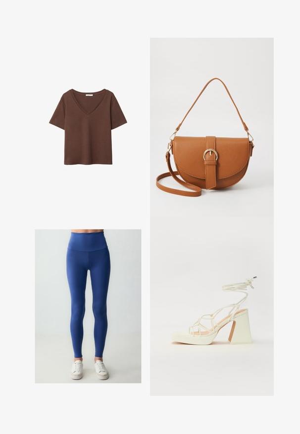 T-shirt in cotone marrone con maniche corte e scollo a V profondo. Design semplice, texture morbida e orlo dritto. Senza fantasie o dettagli.; Leggings blu navy con vita alta, realizzati in tessuto elasticizzato. Texture liscia con un design aderente, abbinati a sneaker bianche.; Sandalo bianco con tacco alto, caratterizzato da un design a cinturini e un legaccio alla caviglia. Texture liscia con una piattaforma frontale per un'altezza aggiuntiva.; Borsa a tracolla in pelle marrone con forma curvata, hardware dorato e un dettaglio con fibbia. Presenta una tracolla rimovibile.