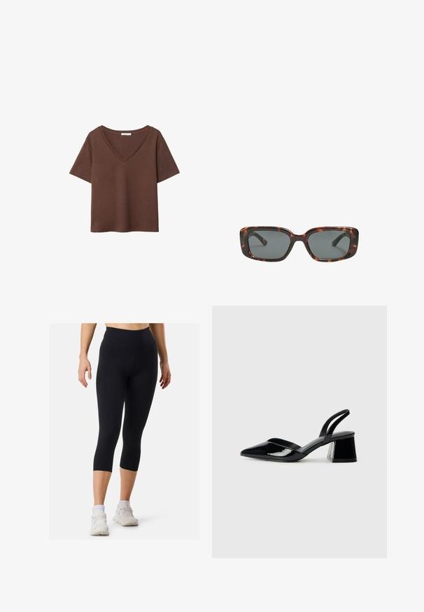 Braunes Baumwoll-T-Shirt mit kurzen Ärmeln und tiefem V-Ausschnitt. Einfaches Design, weiche Textur und gerade Saumlinie. Keine Muster oder Akzente.; Schwarze Sportleggings mit hoher Taille und kurzer Länge, hergestellt aus glattem Stoff, kombiniert mit weißen Sneakern und Socken in knöchelhöhe.; Schwarze Lackleder-Slingback-High Heels mit spitzem Schuh und einem geometrischen Blockabsatz. Verfügt über ein schlankes, minimalistisches Design und eine glatte Textur.; Sonnenbrille im Schildpatt-Design mit rechteckigen Gläsern, dicken Rahmen und dunkelgetönten Gläsern. Glatte Textur und minimalistisches Design.