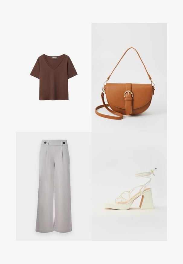 Hnedé bavlnené tričko s krátkymi rukávmi a hlbokým V-výstrihom. Jednoduchý dizajn, jemná textúra a rovný lem. Bez vzorov alebo akcentov.; Svetlosivé široké nohavice vyrobené z hladkej látky, s plochým predným dielom, dvoma skladmi a dvoma čiernymi gombíkmi na opasku.; Biele sandále na vysokom opätku s hrubým podpätkom, s pruhovaným dizajnom a viazaním na členku. Hladký povrch s platformou vpredu pre zvýšenú výšku.; Hnedá kožená kabelka cez telo s zakriveným tvarom, zlatými kovovými doplnkami a akcentom s prackou. Obsahuje odnímateľný ramenný popruh.