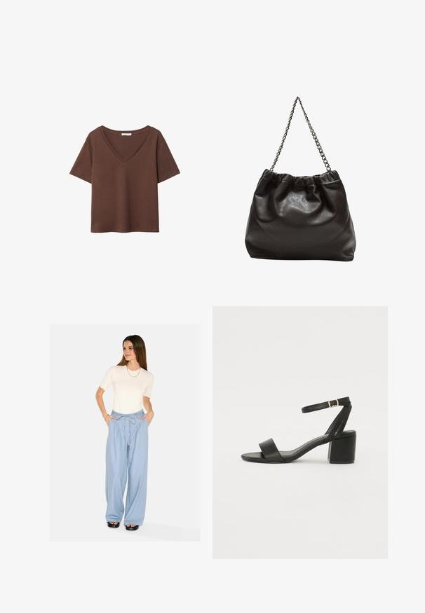 Hnědý bavlněný tričko s krátkými rukávy a hlubokým V-výstřihem. Jednoduchý design, měkká textura a rovný lem. Žádné vzory ani akcenty.; Světle modré široké kalhoty s šňůrkovým pasem a bočními kapsami. V kombinaci s bílou košilí s vroubkovaným lemem a krátkým rukávem. Černé platformové sandály.; Černé sandály na vysokém podpatku s hladkým koženým svrškem, otevřenou špičkou, širokými předními pásky a nastavitelným páskem kolem kotníku se zlatou přezkou.; Hnědá kožená taška se sbíraným vrškem a řetízkovým popruhem. Hladký povrch s lesklým finišem a jemným švem na bocích.