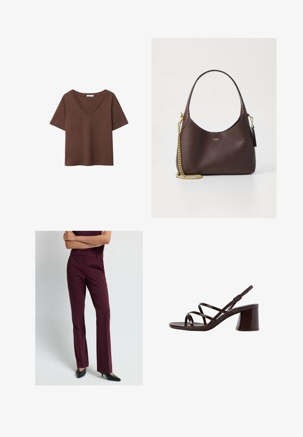 Ruskea puuvillapaita, jossa on lyhyet hihat ja syvä V-kaula-aukko. Yksinkertainen muotoilu, pehmeä rakenne ja suora helma. Ei kuvioita tai yksityiskohtia.; Burgundin väriset räätälöidyt housut, joissa on suora lahje. Valmistettu sileästä kankaasta. Varustettu vyölenkeillä ja vetoketjulla. Yhdistetty mustiin korkokenkiin.; Ruske sandaale sa visokom potpeticom s debljim petama, s glatkom, sjajnom površinom i višestrukim križnim trakama na gornjem dijelu.; COACH BROOKLYN SHOULDER BAG 23 - Käsilaukku - maple