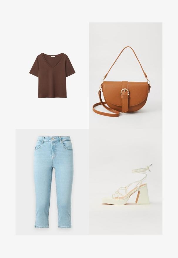 Smeđa pamučna majica kratkih rukava s dubokim V-izrezom. Jednostavan dizajn, mekana tekstura i ravni rub. Bez uzoraka ili naglasaka.; Svijetloplavi traperice s visokim strukom, skraćene dužine, pet džepova i šivanim detaljima duž šavova i rubova.; Bijela sandala na visokoj potpetici s debelim petom, s remenom i vezanjem oko gležnja. Glatka tekstura s platformom sprijeda za dodatnu visinu.; Smeđa kožna torba preko tijela s zakrivljenim oblikom, zlatnim metalnim detaljima i naglaskom na kopču. Ima odvojivu naramenicu.