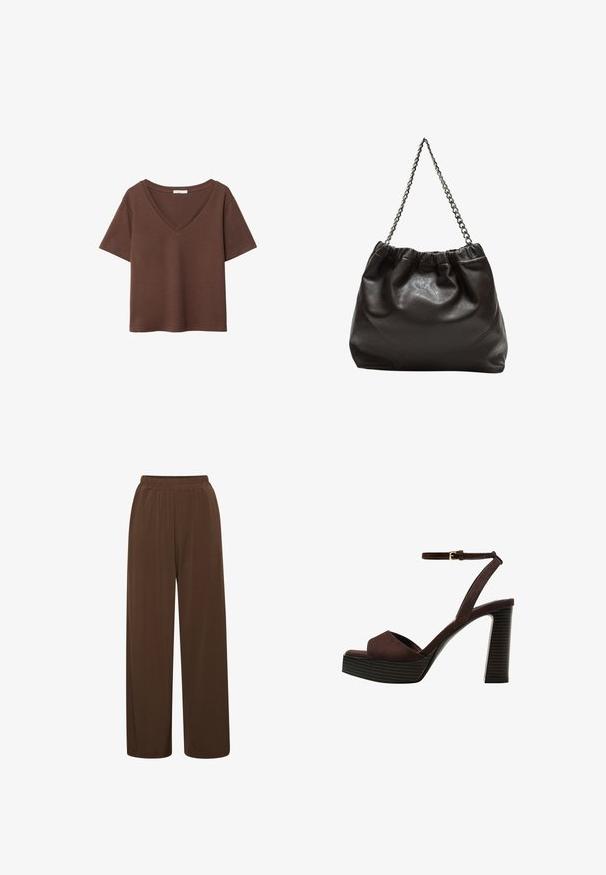 Brun bomulds t-shirt med korte ærmer og dyb V-hals. Enkel design, blød tekstur og lige kant. Ingen mønstre eller detaljer.; Brune bredbenede bukser lavet af blødt stof, med en elastisk talje og en glat tekstur, uden bemærkelsesværdige mønstre eller accenter.; Brune ruskinds højhælede sandal med åben tå, justerbar ankelrem og en stribet plade sål.; Brun lædertaske med en rynket top og en kædestrop. Glat tekstur med en blank finish og subtile sømdetaljer på siderne.