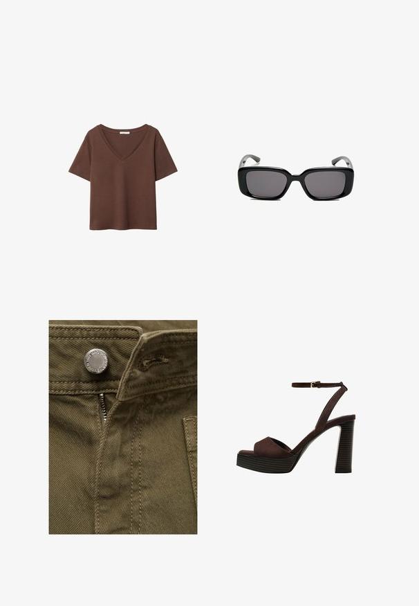 Hnedé bavlnené tričko s krátkymi rukávmi a hlbokým V-výstrihom. Jednoduchý dizajn, jemná textúra a rovný lem. Bez vzorov alebo akcentov.; Olive zelená bavlnená látka s viditeľným zipsovým uzáverom a kovovým detailom gombíka; obsahuje švy a bočnú vrecko.; Hnedé semišové sandále na vysokom podpätku s otvorenou špičkou, nastaviteľným členkovým remienkom a pruhovanou platformovou podrážkou.; Čierne obdĺžnikové slnečné okuliare s tmavými sklami, hladkým plastovým rámom a zakrivenými stranami. Dizajn je robustný s minimalistickou estetikou.