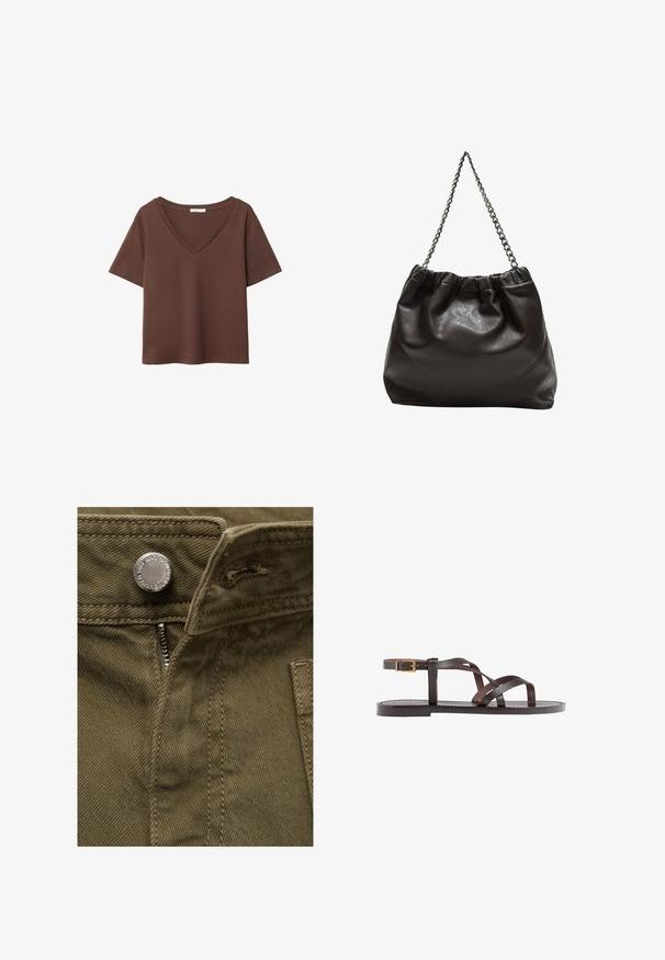 Smeđa pamučna majica kratkih rukava s dubokim V-izrezom. Jednostavan dizajn, mekana tekstura i ravni rub. Bez uzoraka ili naglasaka.; Maslinasta zelena pamučna tkanina s vidljivim zatvaračem i metalnim gumbom; sadrži šavove i bočnu džepu.; Smeđe kožne sandale s iskrižanim trakama, umetkom za zapešće s kopčanjem i ravnim potplatom s minimalnim detaljima šivanja.; Smeđa kožna torba s naboranim vrhom i lančićem za nošenje. Glatka tekstura s sjajnim završetkom i suptilnim šavnim detaljima sa strane.