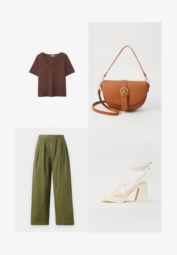 T-shirt en coton brun avec des manches courtes et un décolleté en V profond. Design simple, texture douce et ourlet droit. Pas de motifs ni d'accents.; Pantalons larges en vert olive en tissu léger, avec des plis à la taille et une texture uniforme sans poches.; Sandale blanche à talons hauts avec un talon épais, présentant un design à lanières et un lien autour de la cheville. Texture lisse avec une plateforme à l'avant pour une hauteur supplémentaire.; Sac bandoulière en cuir marron avec une forme incurvée, quincaillerie dorée et un accent en boucle. Comprend une bandoulière détachable.