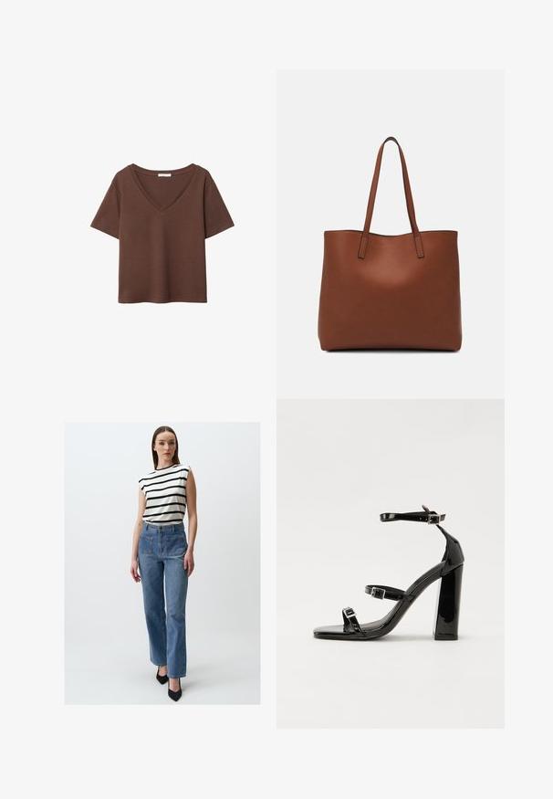 T-shirt en coton brun avec des manches courtes et un décolleté en V profond. Design simple, texture douce et ourlet droit. Pas de motifs ni d'accents.; Jimmy Key Jean bootcut - indigo blue; Sandales à talons vernies noires avec un bout carré, des sangles autour de la cheville et des boucles en argent. Dotées d'un talon bloc épais pour plus de stabilité.; Sac fourre-tout en cuir marron avec une texture lisse, design à ouverture supérieure et deux poignées pour le porter à l'épaule. Présente des coutures minimales et aucun matériel visible.