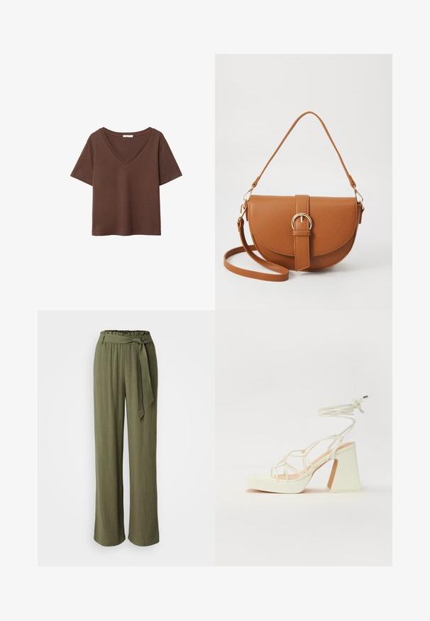 Brązowy bawełniany t-shirt z krótkimi rękawami i głębokim dekoltem w kształcie litery V. Prosty design, miękka faktura i prosty krój u dołu. Brak wzorów i akcentów.; Spodnie w kolorze oliwkowym, wykonane z lekkiego materiału. Posiadają szerokie nogawki, elastyczny pas oraz materiałowy pasek z detalem w kształcie kokardy.; Biała sandał na wysokim obcasie z masywnym słupkiem, z paskowym wzorem i wiązaniem przy kostce. Gładka faktura z platformą z przodu dla dodatkowej wysokości.; Brązowa skórzana torba na ramię o zaokrąglonym kształcie, ze złotymi akcentami i zapięciem w formie klamry. Posiada odpinany pasek na ramię.