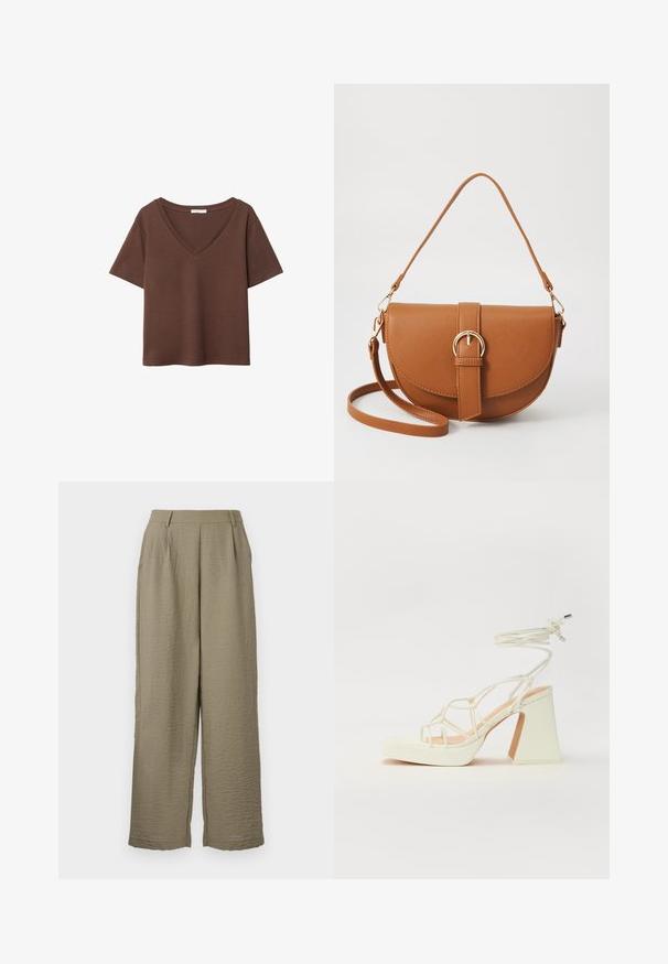 Hnědý bavlněný tričko s krátkými rukávy a hlubokým V-výstřihem. Jednoduchý design, měkká textura a rovný lem. Žádné vzory ani akcenty.; Khaki kalhoty s širokými nohavicemi vyrobené z texturované látky, s vysokým pasem a jemnými skladbami pro přidaný detail. Hladký zakončení pásu.; Bílé sandály na vysokém podpatku s robustním podpatkem, s designem s pásky a zavazováním kolem kotníku. Hladký povrch s platformou vpředu pro zvýšení výšky.; Hnědá kožená křížová taška s zakřiveným tvarem, zlatými detaily a akcentem s přezkou. Obsahuje odnímatelný popruh na rameno.
