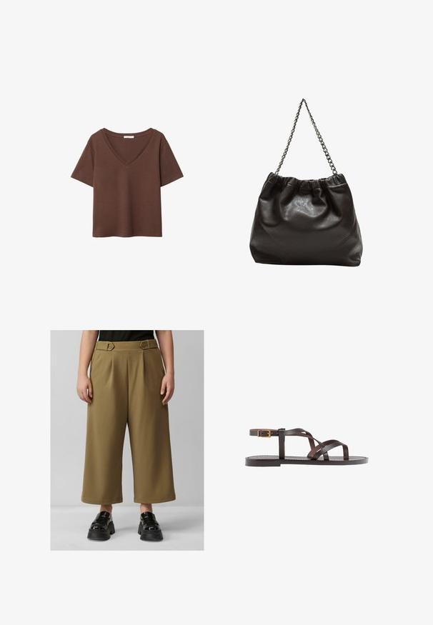 Braunes Baumwoll-T-Shirt mit kurzen Ärmeln und tiefem V-Ausschnitt. Einfaches Design, weiche Textur und gerade Saumlinie. Keine Muster oder Akzente.; Braune, weite Hosen mit Falten und Knopfakzenten an der Taille; kombiniert mit schwarzen, klobigen Plateauschuhen. Glatte Stofftextur.; Braune Leder-Sandale mit überkreuzten Riemen, einem Knöchelriemen mit Schnalle und einer flachen Sohle mit minimalen Nähdetails.; Braune Lederhandtasche mit gerafftem Oberteil und Kettenriemen. Glatte Textur mit glänzendem Finish und subtilen Nahtdetails an den Seiten.