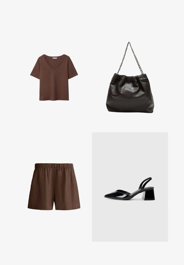 Hnědý bavlněný tričko s krátkými rukávy a hlubokým V-výstřihem. Jednoduchý design, měkká textura a rovný lem. Žádné vzory ani akcenty.; Hnědé šortky s elastickým pasem, vyrobené z lehkého materiálu. Tento design má volný střih a rovný lem.; Černé lakované kožené lodičky na pásku s špičatou špičkou a geometrickým blokovým podpatkem. Vyznačují se elegantním, minimalistickým designem a hladkým povrchem.; Hnědá kožená taška se sbíraným vrškem a řetízkovým popruhem. Hladký povrch s lesklým finišem a jemným švem na bocích.