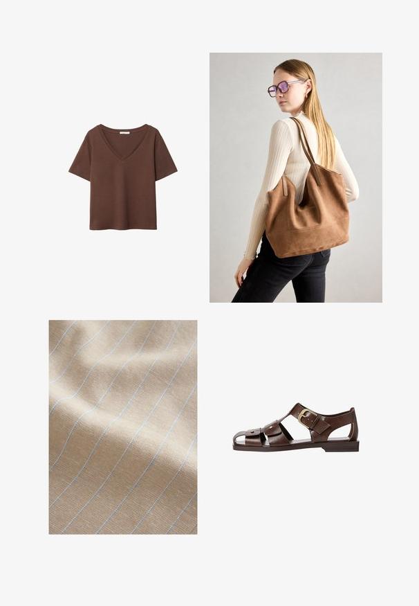 Braunes Baumwoll-T-Shirt mit kurzen Ärmeln und tiefem V-Ausschnitt. Einfaches Design, weiche Textur und gerade Saumlinie. Keine Muster oder Akzente.; Hellbeige Stoff mit strukturiertem Gewebe, der dünne blaue Streifen vertikal aufweist. Weiche Textur und leicht zerknittertes Erscheinungsbild.; Braune Leder-Sandale mit ausgeschnittenem Design, verstellbarem seitlichem Riemenverschluss und flacher Sohle, mit Metallakzenten und offenem Zehenbereich.; Braune Wildleder-Tasche mit weicher Textur, großer Öffnung und langen Trägern. Sie verfügt über ein simples Design mit sichtbarem Stich und ohne Beschläge.