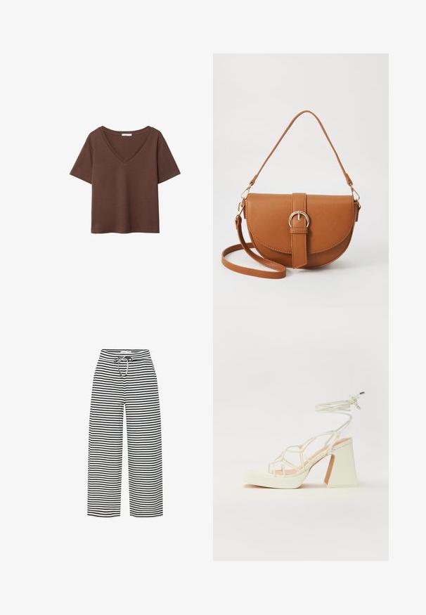 Brun bomulds t-shirt med korte ærmer og dyb V-hals. Enkel design, blød tekstur og lige kant. Ingen mønstre eller detaljer.; Sorte og hvide stribede brede bukser med en snoretræk i taljen. Stoffet ser blødt og let ud og har jævnt fordelt vandrette striber.; Hvide højhælede sandaler med en kraftig hæl, der har et stropdesign og ankelbinding. Glat tekstur med en platform foran for ekstra højde.; Brun læder crossbody taske med en buet form, guldfarvet hardware og en spændeaccent. Har en aftagelig skulderrem.