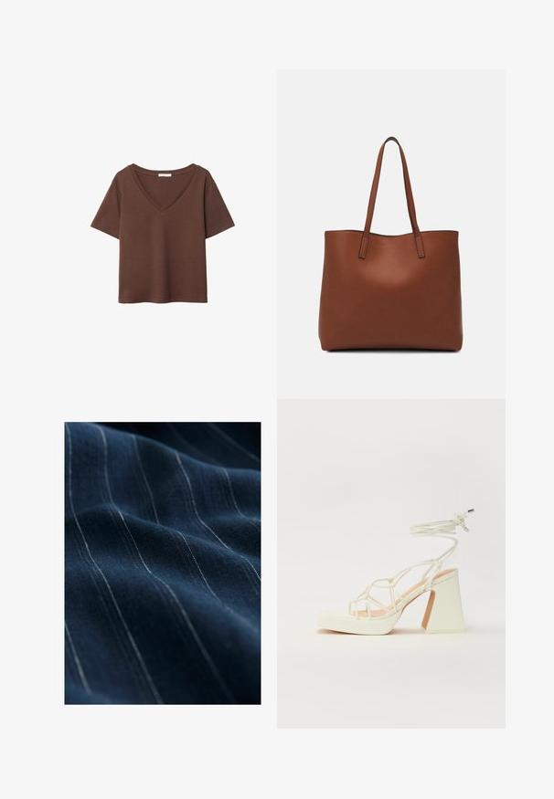 Hnědý bavlněný tričko s krátkými rukávy a hlubokým V-výstřihem. Jednoduchý design, měkká textura a rovný lem. Žádné vzory ani akcenty.; Námořnická látka s jemnými bílými vertikálními pruhy, která vykazuje hladkou strukturu a mírný lesk, složená tak, aby zdůraznila její splývání a jemnost.; Bílé sandály na vysokém podpatku s robustním podpatkem, s designem s pásky a zavazováním kolem kotníku. Hladký povrch s platformou vpředu pro zvýšení výšky.; Hnědá kožená taška přes rameno s hladkou texturou, otevřeným designem a dvěma ramenními popruhy. Obsahuje minimální švy a žádné viditelné kovové prvky.