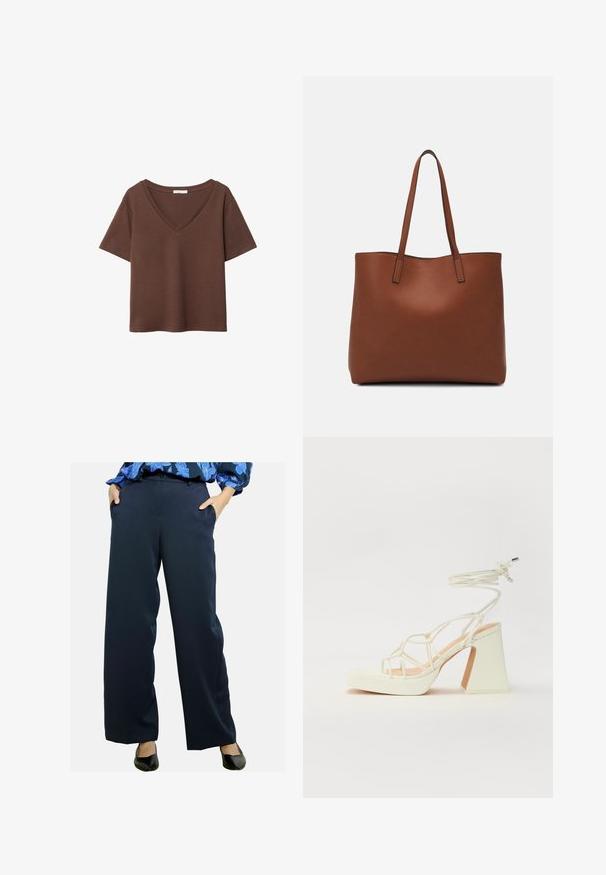 Hnědý bavlněný tričko s krátkými rukávy a hlubokým V-výstřihem. Jednoduchý design, měkká textura a rovný lem. Žádné vzory ani akcenty.; Tmavě modré široké kalhoty vyrobené z hladké látky, s předními kapsami, upraveným střihem a skladem po přední části pro strukturu.; Bílé sandály na vysokém podpatku s robustním podpatkem, s designem s pásky a zavazováním kolem kotníku. Hladký povrch s platformou vpředu pro zvýšení výšky.; Hnědá kožená taška přes rameno s hladkou texturou, otevřeným designem a dvěma ramenními popruhy. Obsahuje minimální švy a žádné viditelné kovové prvky.