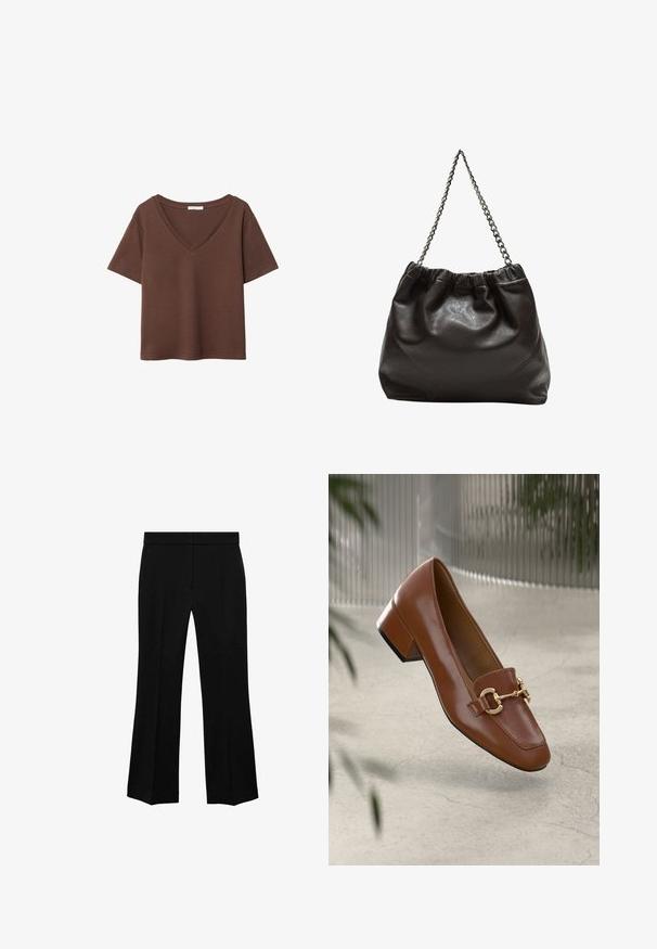 Smeđa pamučna majica kratkih rukava s dubokim V-izrezom. Jednostavan dizajn, mekana tekstura i ravni rub. Bez uzoraka ili naglasaka.; Crne hlače širokih nogavica od glatkog, teksturiranog materijala, s ravnim prednjim dijelom i detaljima nabora. Osnovni dizajn, bez vidljive metalne opreme ili uzoraka.; Smeđi lakirani loafer s kvadratnim vrhom, metalnim lancem kao naglaskom i niskom blok petom; glatka tekstura, minimalistički dizajn.; Smeđa kožna torba s naboranim vrhom i lančićem za nošenje. Glatka tekstura s sjajnim završetkom i suptilnim šavnim detaljima sa strane.