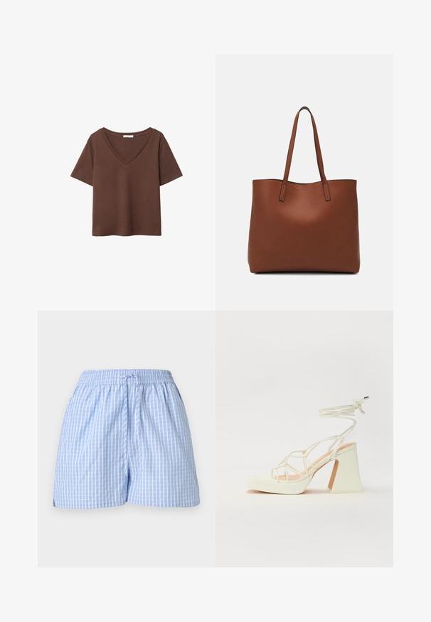 Hnědý bavlněný tričko s krátkými rukávy a hlubokým V-výstřihem. Jednoduchý design, měkká textura a rovný lem. Žádné vzory ani akcenty.; Modré a bílé krátké kalhoty s kostkovaným vzorem, elastickým pasem a nastavitelným stahováním. Měkká bavlněná tkanina, volný střih a boční rozparky.; Bílé sandály na vysokém podpatku s robustním podpatkem, s designem s pásky a zavazováním kolem kotníku. Hladký povrch s platformou vpředu pro zvýšení výšky.; Hnědá kožená taška přes rameno s hladkou texturou, otevřeným designem a dvěma ramenními popruhy. Obsahuje minimální švy a žádné viditelné kovové prvky.