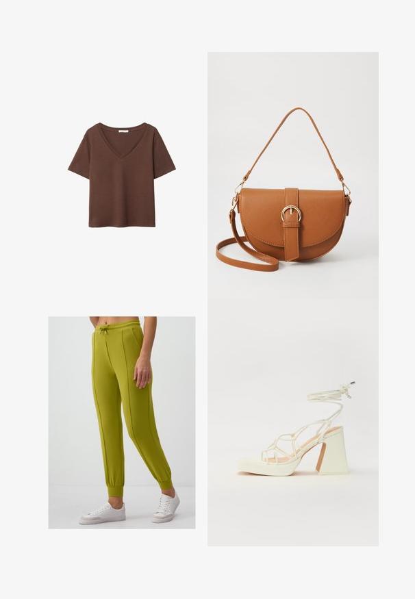 Brown cotton t-shirt with short sleeves and a deep V-neck. Simple design, soft texture, and straight hemline. No patterns or accents.; Green joggers made of soft fabric with a drawstring waist, tapered cuffs, and two side seams; paired with white sneakers.; White high-heeled sandal with a chunky heel, featuring a strappy design and ankle tie. Smooth texture with a platform front for added height.; Brown leather crossbody bag with a curved shape, gold hardware, and a buckle accent. Features a detachable shoulder strap.