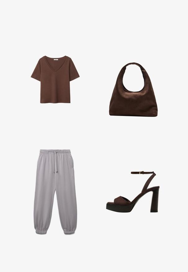 Braunes Baumwoll-T-Shirt mit kurzen Ärmeln und tiefem V-Ausschnitt. Einfaches Design, weiche Textur und gerade Saumlinie. Keine Muster oder Akzente.; Hellgraue Jogginghose mit elastischem Bund und Bündchen, ausgestattet mit einem vorderen Kordelzug für eine verstellbare Passform.; Braune Wildleder-Pumps mit offenem Zeh, verstellbarem Knöchelriemen und gestreiftem Plateausohlen.; Weiche braune Hobo-Stil Handtasche mit einem einzigen breiten Trageriemen und einer geschwungenen Oberteilöffnung, auf einem weißen Hintergrund präsentiert.