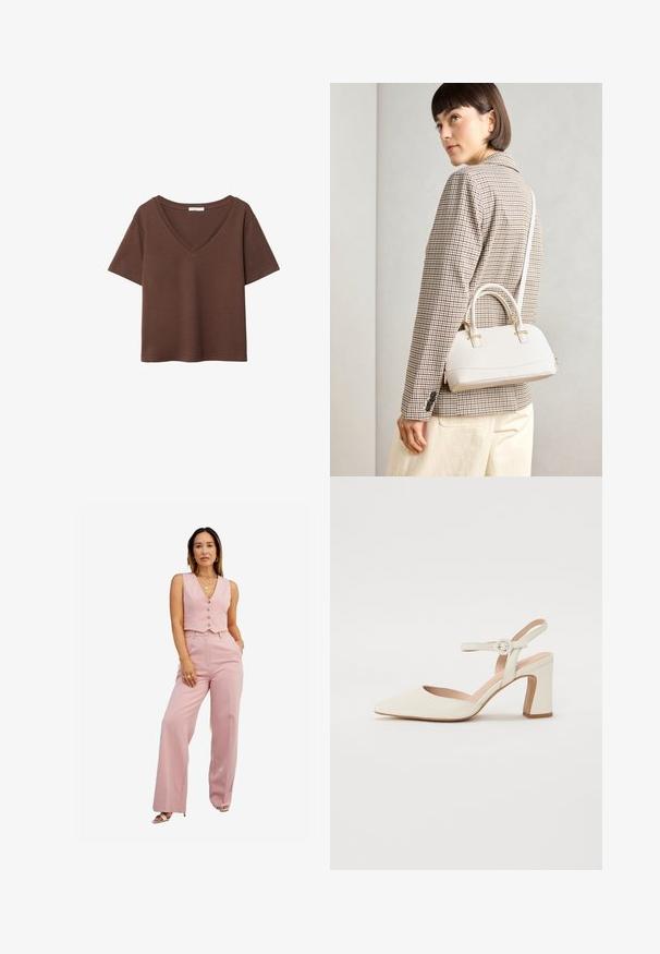 Brun bomulds t-shirt med korte ærmer og dyb V-hals. Enkel design, blød tekstur og lige kant. Ingen mønstre eller detaljer.; Pink vest med knapper parret med højtaljede, vide bukser. Glat stofstruktur uden synlige mønstre eller accenter.; Spidsede, cremefarvede pumps med en blokhælhæl. Udstyret med en tynd ankelrem med en rund spænde og en glat læderoverflade.; Hvid struktureret taske med korte håndtag og en skulderrem, prydet med guldfarvede hardwaredetaljer og tekstureret materiale, præsenteret mod en grå baggrund.