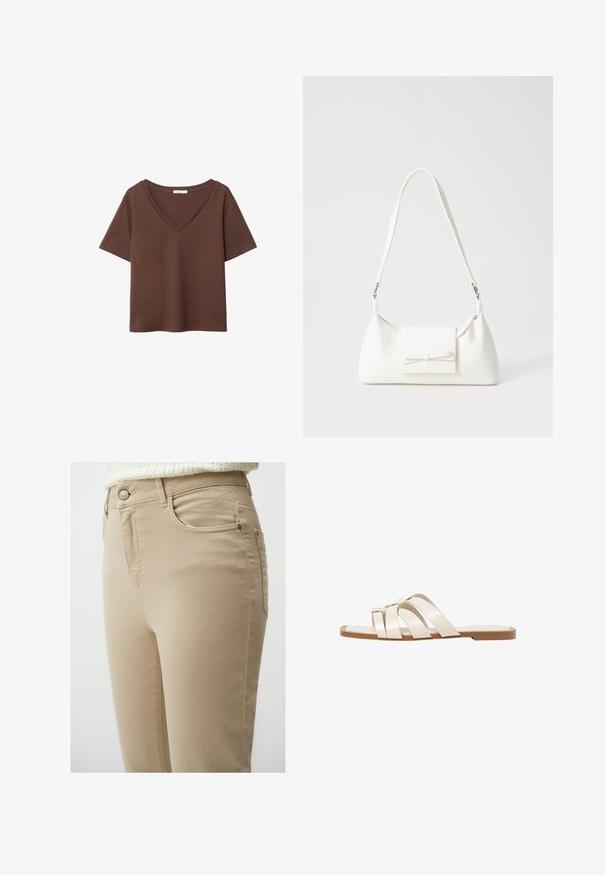Brązowy bawełniany t-shirt z krótkimi rękawami i głębokim dekoltem w kształcie litery V. Prosty design, miękka faktura i prosty krój u dołu. Brak wzorów i akcentów.; Beżowe dżinsy z dopasowanym krojem, z przednimi kieszeniami, metalowym zapięciem na guzik i minimalnymi detalami ściegów dla gładkiego wykończenia.; Płaskie sandały z brązową gumową podeszwą, zaprojektowane z trzema nakładającymi się na siebie białymi skórzanymi paskami i małym detalem w postaci kokardy na środku.; Biała syntetyczna torba o trójkątnym kształcie, płaskim przednim klapce i detalach w postaci kokardy, regulowanym pasku, gładkiej fakturze oraz minimalistycznym designie.