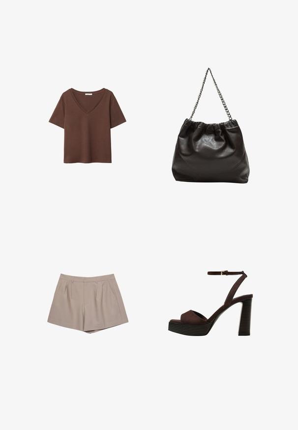 Rjava bombažna majica s kratkimi rokavi in globokim V-izrezom. Preprost dizajn, mehak material in raven rob. Brez vzorcev ali dekorativnih elementov.; Bež hlače na visoki pas z obrobnimi zankami, sprednjimi gubami in stranskimi žepi, prikazane na beli podlagi.; Rjave semiš sandale z visoko peto, odprto spredaj, z nastavljivim gležnjenjem in črtastim podplatom.; Rjava usnjena torba z nabranim vrhom in verižnim trakom. Gladka tekstura z sijajno površino in subtilnimi šivi na straneh.