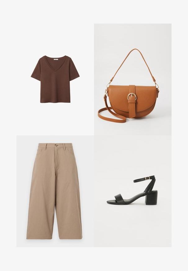 Hnědý bavlněný tričko s krátkými rukávy a hlubokým V-výstřihem. Jednoduchý design, měkká textura a rovný lem. Žádné vzory ani akcenty.; Khaki široké kalhoty vyrobené z bavlny, s vysokým pasem, předními kapsami a zapínáním na jeden knoflík. Hladká textura a rovný střih.; Černé sandály na vysokém podpatku s hladkým koženým svrškem, otevřenou špičkou, širokými předními pásky a nastavitelným páskem kolem kotníku se zlatou přezkou.; Hnědá kožená křížová taška s zakřiveným tvarem, zlatými detaily a akcentem s přezkou. Obsahuje odnímatelný popruh na rameno.