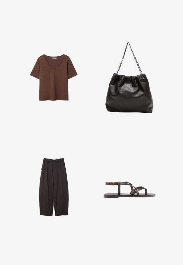 T-shirt en coton brun avec des manches courtes et un décolleté en V profond. Design simple, texture douce et ourlet droit. Pas de motifs ni d'accents.; Pantalons larges noirs en tissu lisse, avec une taille haute, des plis avant et des poches latérales. Design simple sans embellissements.; Sandale en cuir marron avec des brides entrecroisées, une fermeture à boucle à la cheville et une semelle plate avec des détails de couture minimaux.; Sac en cuir marron avec un haut froncé et une bandoulière en chaîne. Texture lisse avec une finition brillante et des coutures subtiles sur les côtés.