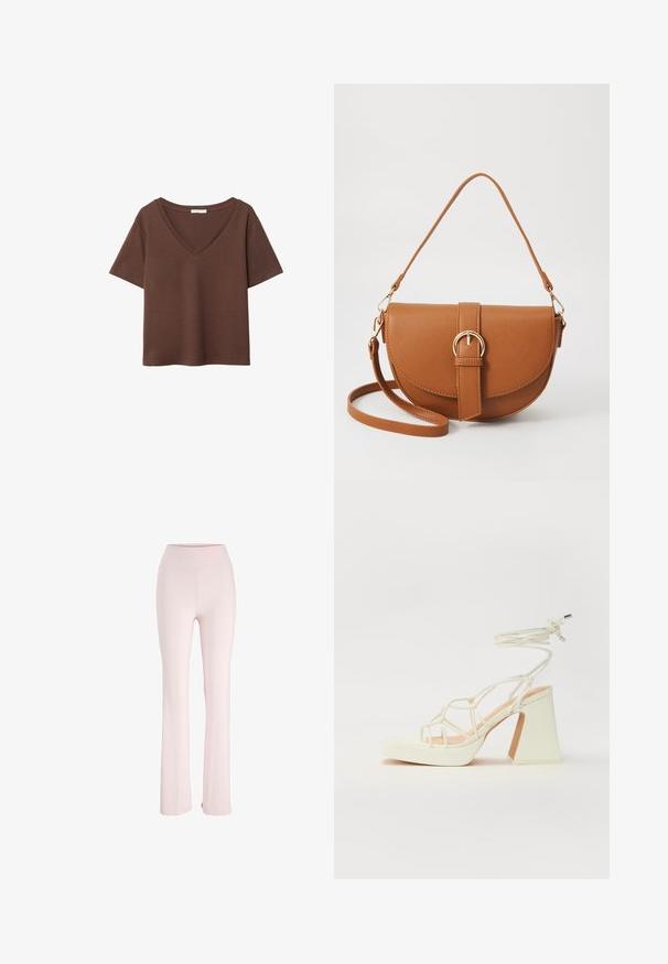 Brun bomulls t-shirt med korta ärmar och djup V-ringning. Enkel design, mjuk textur och rak fåll. Inga mönster eller dekorationer.; Ljust rosa utsvängda byxor i mjukt, stretchigt material med hög midja och utan synliga mönster eller detaljer.; Vit högklackad sandal med en kraftig klack, med ett remdesign och ankelband. Slät textur med en plattform framtill för ökad höjd.; Brun läder crossbody-väska med en böjd form, gyllene detaljer och en spänneaccent. Har en avtagbar axelrem.
