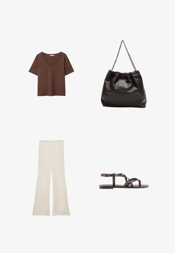 Hnedé bavlnené tričko s krátkymi rukávmi a hlbokým V-výstrihom. Jednoduchý dizajn, jemná textúra a rovný lem. Bez vzorov alebo akcentov.; Krémové pletené nohavice s nastaviteľným pásom, rozšíreným strihom nohavic a detailmi s vlnitým lemom, vyrobené z ľahkej, priedušnej látky.; Hnedé kožené sandály s krížovými popruhmi, uzatváraním na pracku okolo členku a plochou podrážkou s minimálnymi ševmi.; Hnedá kožená taška so zberaným vrchom a reťazovým popruhom. Hladký povrch s lesklým finišom a jemným švom po stranách.