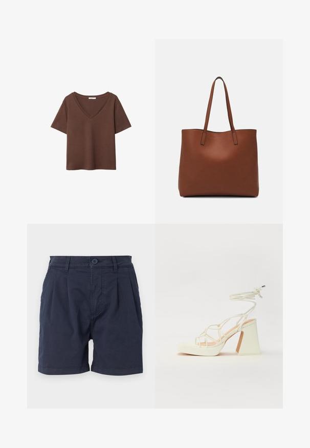 Hnědý bavlněný tričko s krátkými rukávy a hlubokým V-výstřihem. Jednoduchý design, měkká textura a rovný lem. Žádné vzory ani akcenty.; Námořnické modré šortky vyrobené z tkané látky, s předním zapínáním na knoflík, skládáním a postranními kapsami. Úhledný lem na koncích nohavic.; Bílé sandály na vysokém podpatku s robustním podpatkem, s designem s pásky a zavazováním kolem kotníku. Hladký povrch s platformou vpředu pro zvýšení výšky.; Hnědá kožená taška přes rameno s hladkou texturou, otevřeným designem a dvěma ramenními popruhy. Obsahuje minimální švy a žádné viditelné kovové prvky.